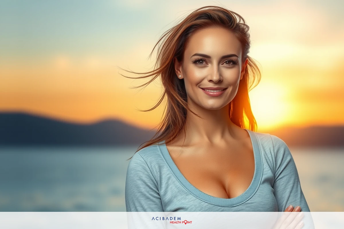 The image features a woman posing on a beach at sunset, with clear visibility of her face. She appears confident and is looking directly at the camera. The sky is orange, suggesting the time of day is near sunset.