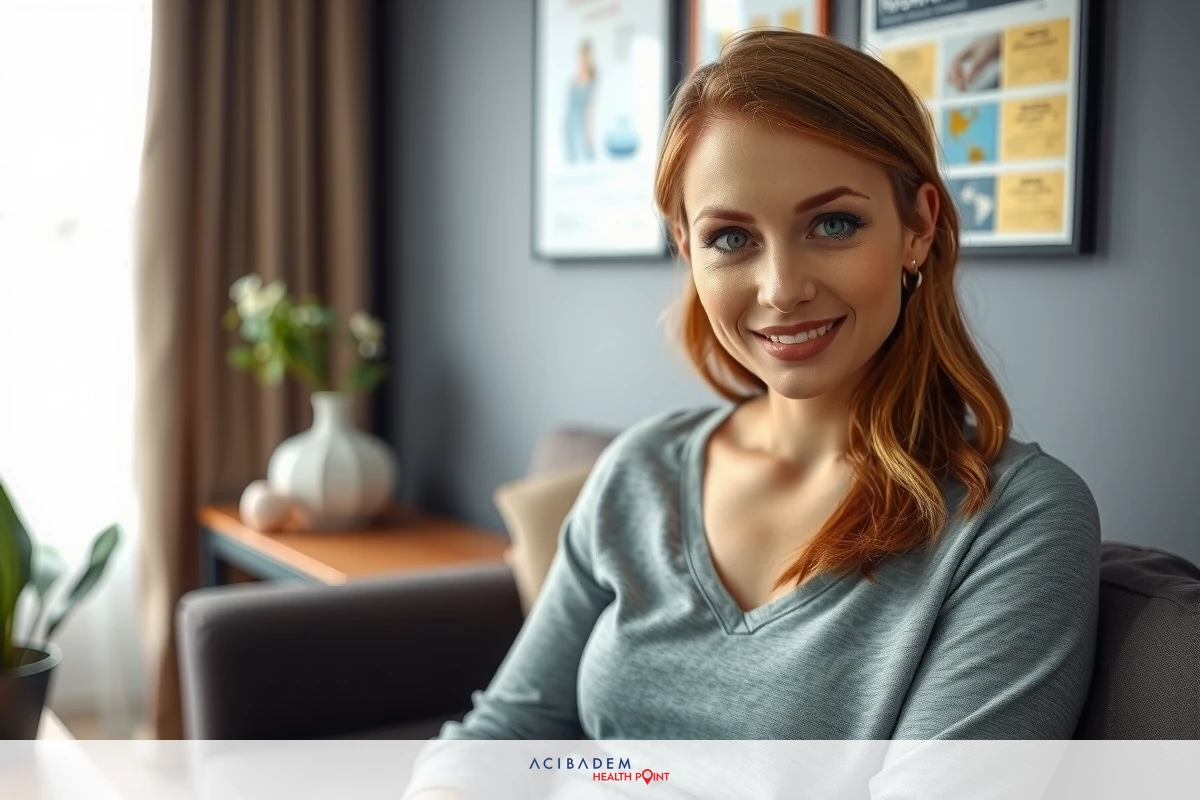 A woman is seated in a modern living room. She has red hair and is wearing a grey top, smiling while looking at the camera. The room has neutral tones with a white sofa and a potted plant.