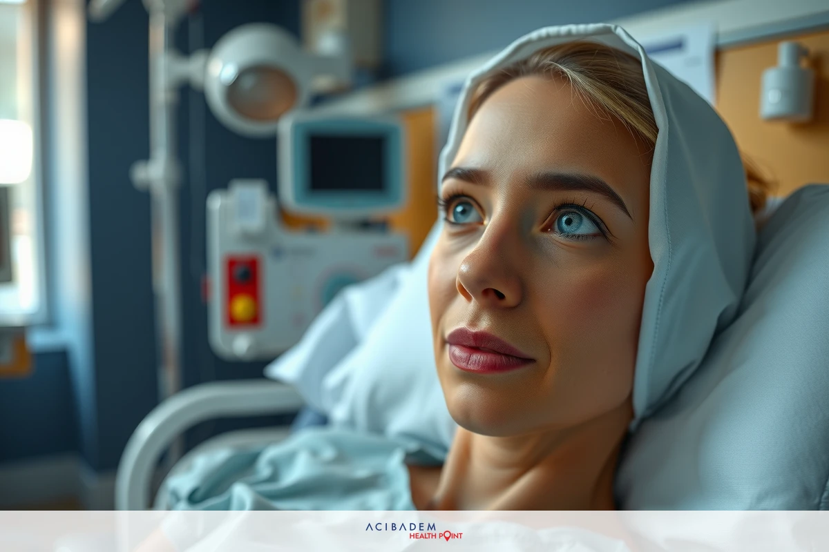 The image shows a woman lying in a hospital bed. She appears to be looking upwards and has a somewhat concerned or pensive expression on her face. Her hair is styled with a side parting. The room around her looks clinical, with medical equipment visible including an IV drip stand and what seems like a ventilator. The overall color palette of the image is muted, with greens from the hospital bedding and blues from the walls.