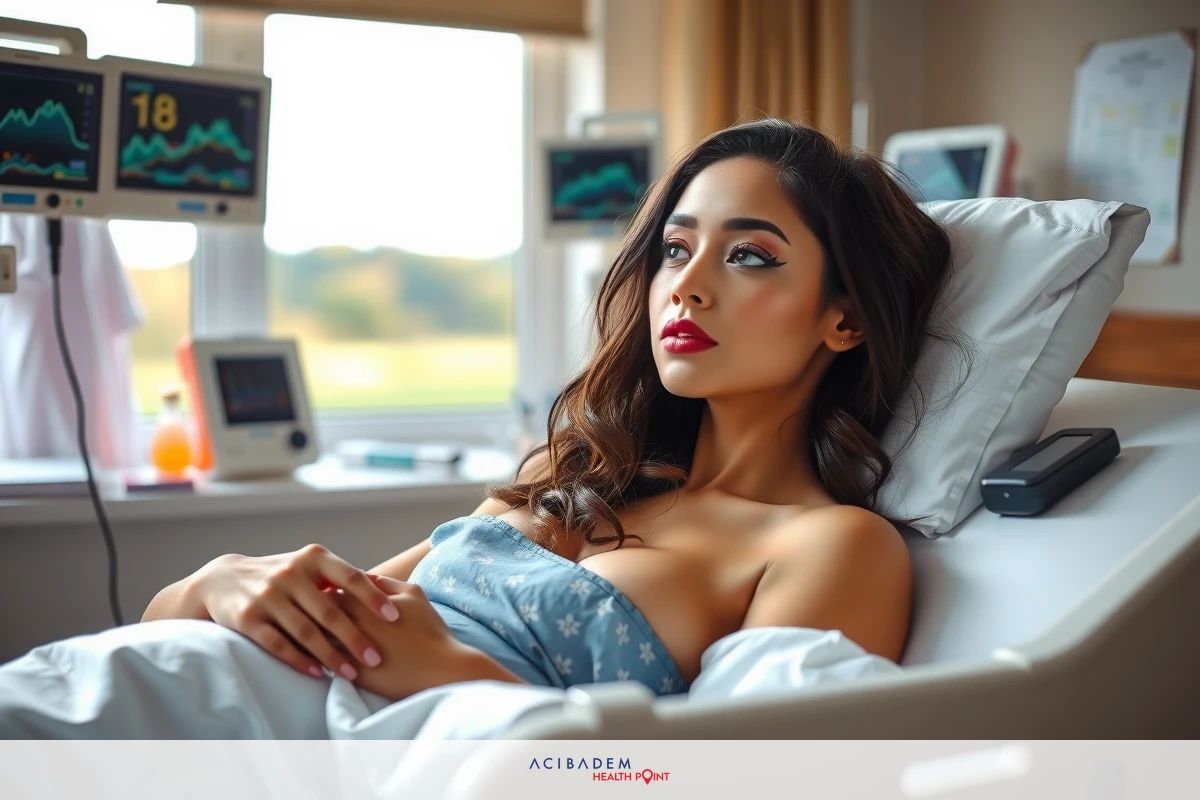 Woman lying on hospital bed with hand on stomach, wearing blue gown. Medical equipment around her indicating health care setting.