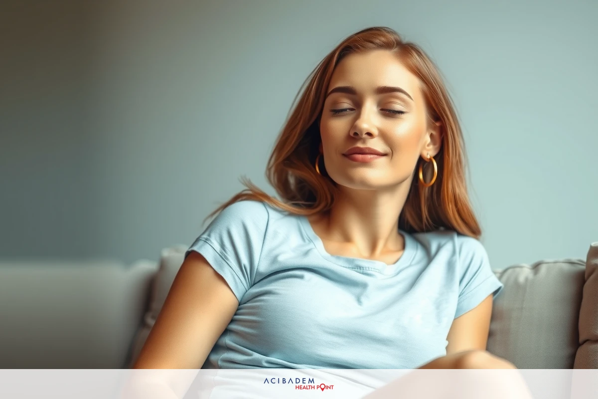 The image shows a woman relaxing comfortably on a couch. She is wearing a casual gray shirt and appears to be at ease, possibly napping or resting with her eyes closed. The room has soft lighting that contributes to the serene atmosphere.