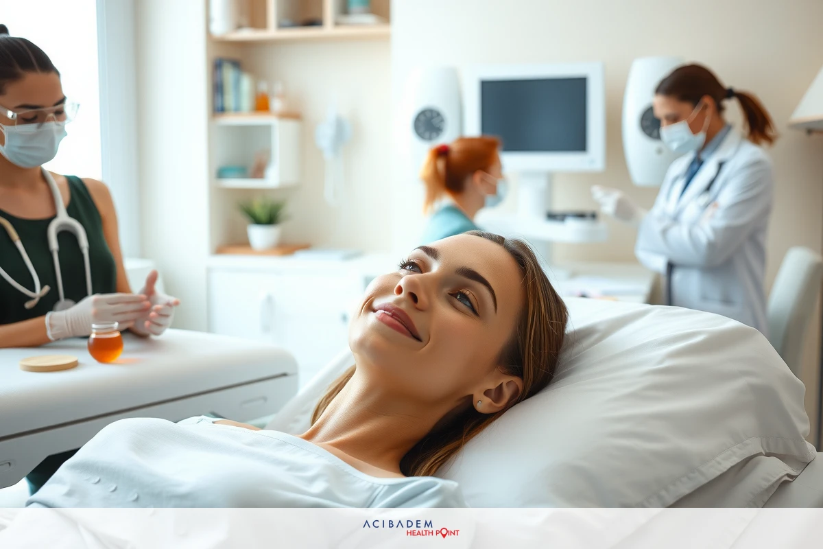 Healthcare workers assist a woman during a medical examination. The environment suggests a modern, clean and professional health clinic.