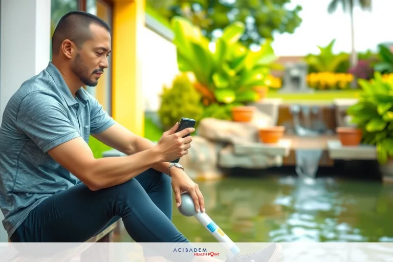 The image depicts a man sitting on what appears to be a bench or barrier next to a body of water, possibly a pond or pool. The man is wearing casual attire and has a thoughtful expression while looking at his phone. He has short hair and is lightly dressed in warm-weather clothing suitable for a sunny day. The environment suggests an outdoor, relaxed setting with a clear sky above.