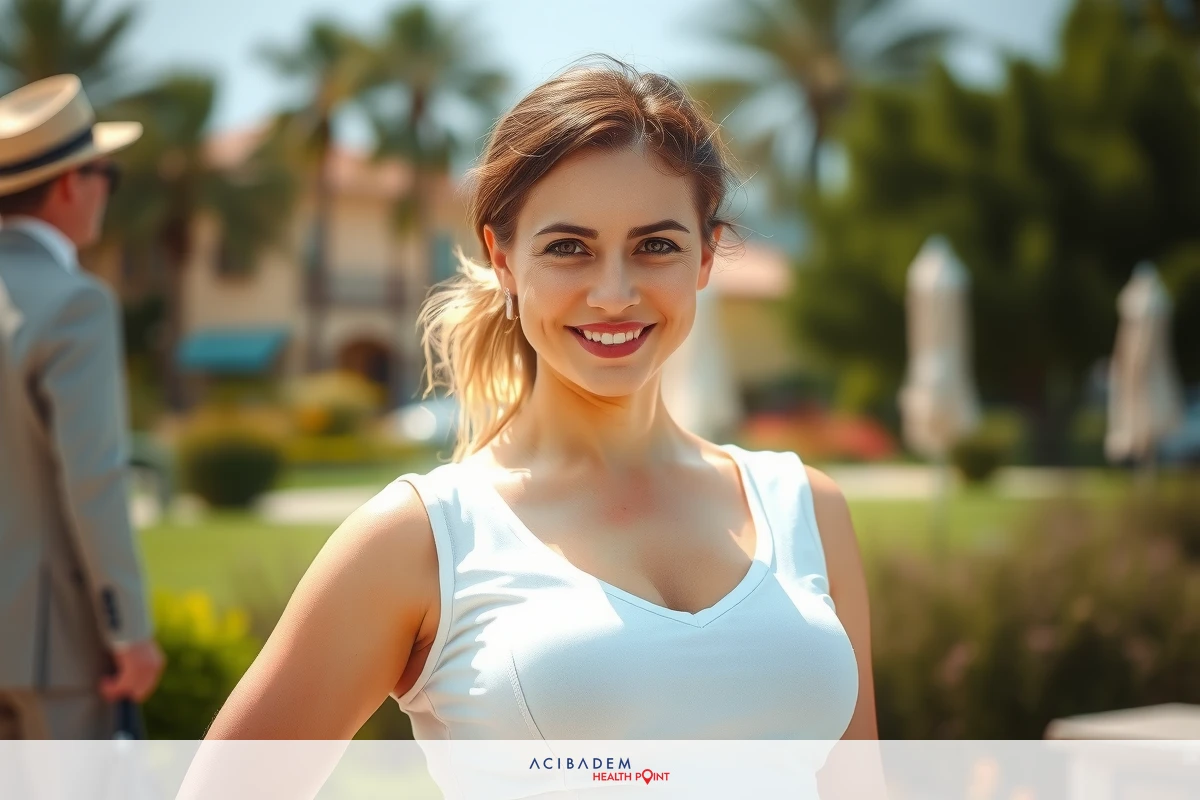 The image shows a young woman standing in front of a building with palm trees. She is wearing a white top and has her hair pulled back into a ponytail. The setting appears to be a resort or vacation spot, as indicated by the casual attire of the people and the relaxed environment. The colors are bright and vibrant, featuring a lot of natural light that enhances the cheerful atmosphere.