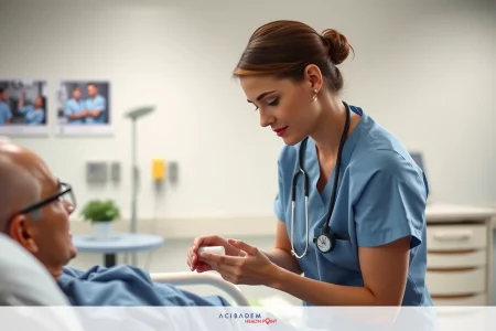 The image portrays a female nurse in a hospital setting, attentively interacting with an elderly patient. The nurse is wearing professional medical scrubs and appears to be checking the patient's vital signs or administering medication. The hospital environment includes medical equipment.