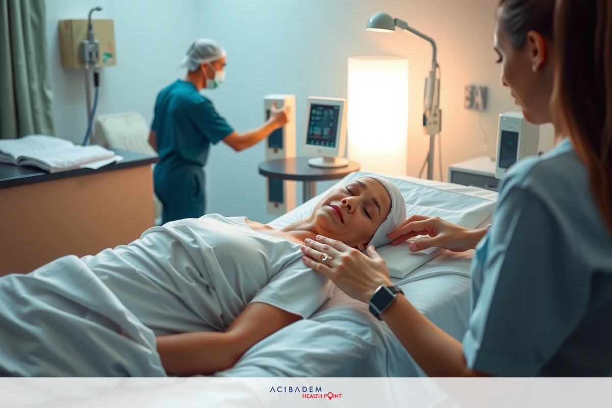 Two paramedics in a hospital room tending to a patient lying in bed. One in a white uniform, the other in the background wearing a mask, probably handling a device to treat the patient.