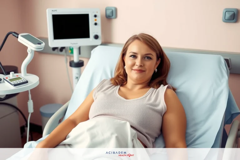 This is an image of a woman lying in a hospital bed. She seems relaxed as she looks at the camera. The hospital environment is indicated by medical equipment visible around her. The color palette consists mainly of white for the sheets and beige tones on the woman's clothing. Her expression is calm, suggesting that this might be a routine check-up or similar occasion.