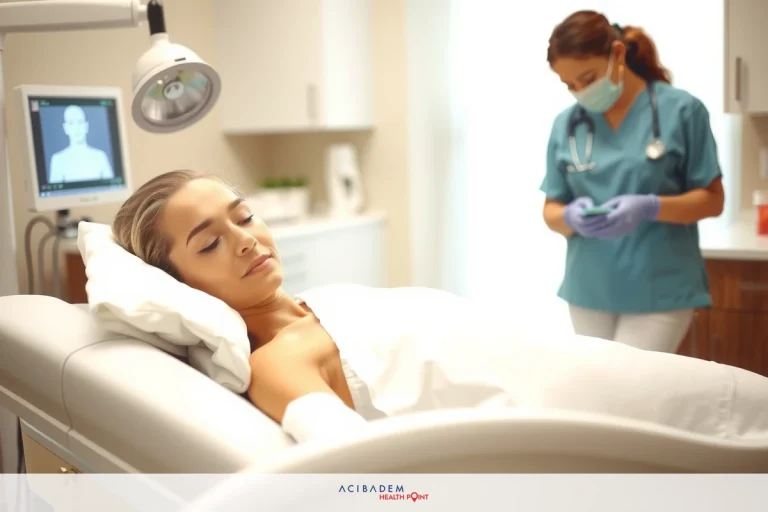 BBL Surgery Houston The image shows a hospital setting with a female patient lying on her back in a medical bed. A healthcare professional, possibly a nurse or doctor, is standing next to the bed, interacting with the patient. The environment appears clean and sterilized, with medical equipment such as an EKG machine visible in the background.