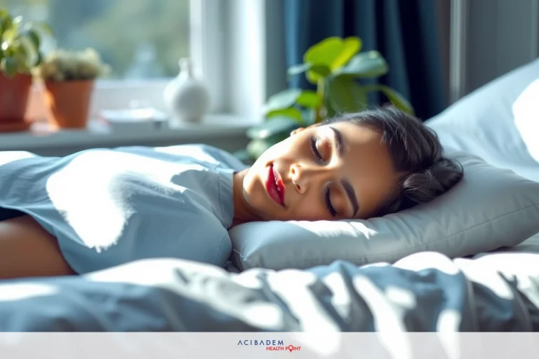 The image shows a woman sleeping on her side, in a cozy bedroom setting. She has dark hair and is wearing a white top or shirt. The bed appears soft with plush pillows and a blanket. There are indoor plants adding a touch of greenery to the room. The lighting suggests it might be an early morning or afternoon, with natural light illuminating the scene.