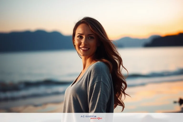 The image shows a woman standing on a beach at sunset. She has long hair and is wearing a light-colored top. Her gaze is directed towards the camera, giving her a thoughtful or contemplative expression. The environment features calm water and the silhouette of mountains in the background. Colors include warm tones of yellow and orange from the setting sun, contrasting with the cooler colors of the sea and sky.