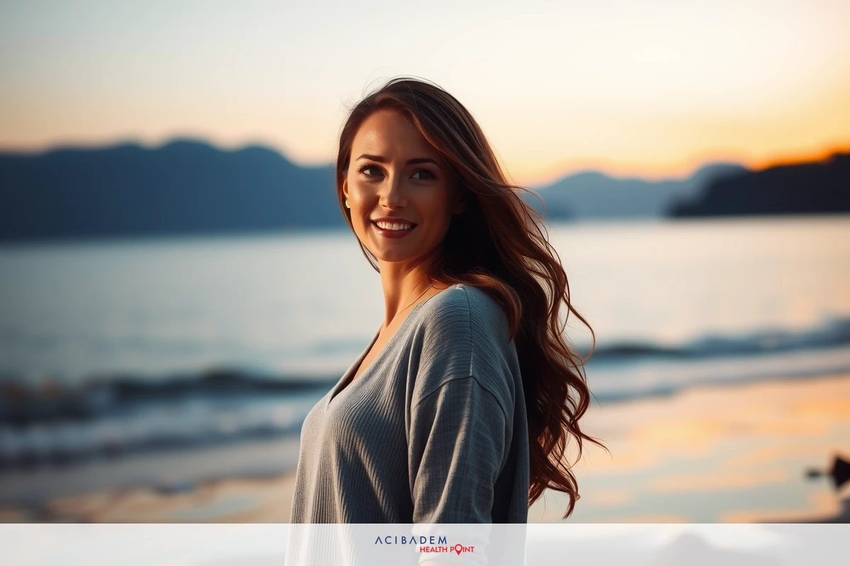 The image shows a woman standing on a beach at sunset. She has long hair and is wearing a light-colored top. Her gaze is directed towards the camera, giving her a thoughtful or contemplative expression. The environment features calm water and the silhouette of mountains in the background. Colors include warm tones of yellow and orange from the setting sun, contrasting with the cooler colors of the sea and sky.