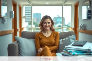 Smiling woman wearing orange outfit seated on sofa with books beside her. She appears to be in a home office or study environment.