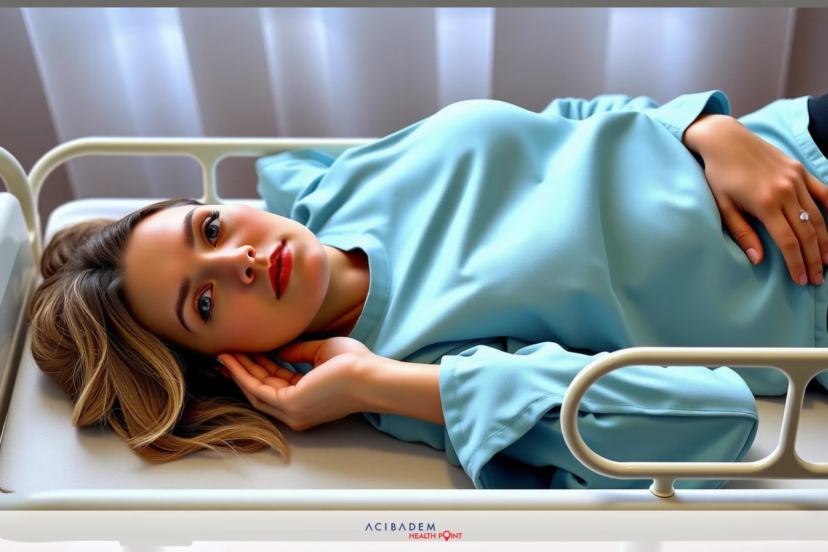 A woman lying in a hospital bed, wearing a blue shirt. Her hand is on her stomach and she appears to be resting or possibly recovering from a medical procedure.