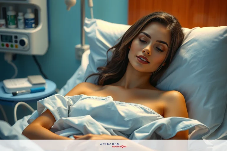This image depicts a woman lying in a hospital bed, appearing to be unconscious or asleep. She is the central figure in the scene. The environment suggests a medical setting with clinical blue walls and equipment visible around her.