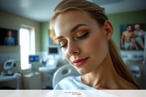 A woman wearing a surgical gown, seated in what appears to be a medical office setting. Her eyes are closed, and she has a thoughtful expression on her face.