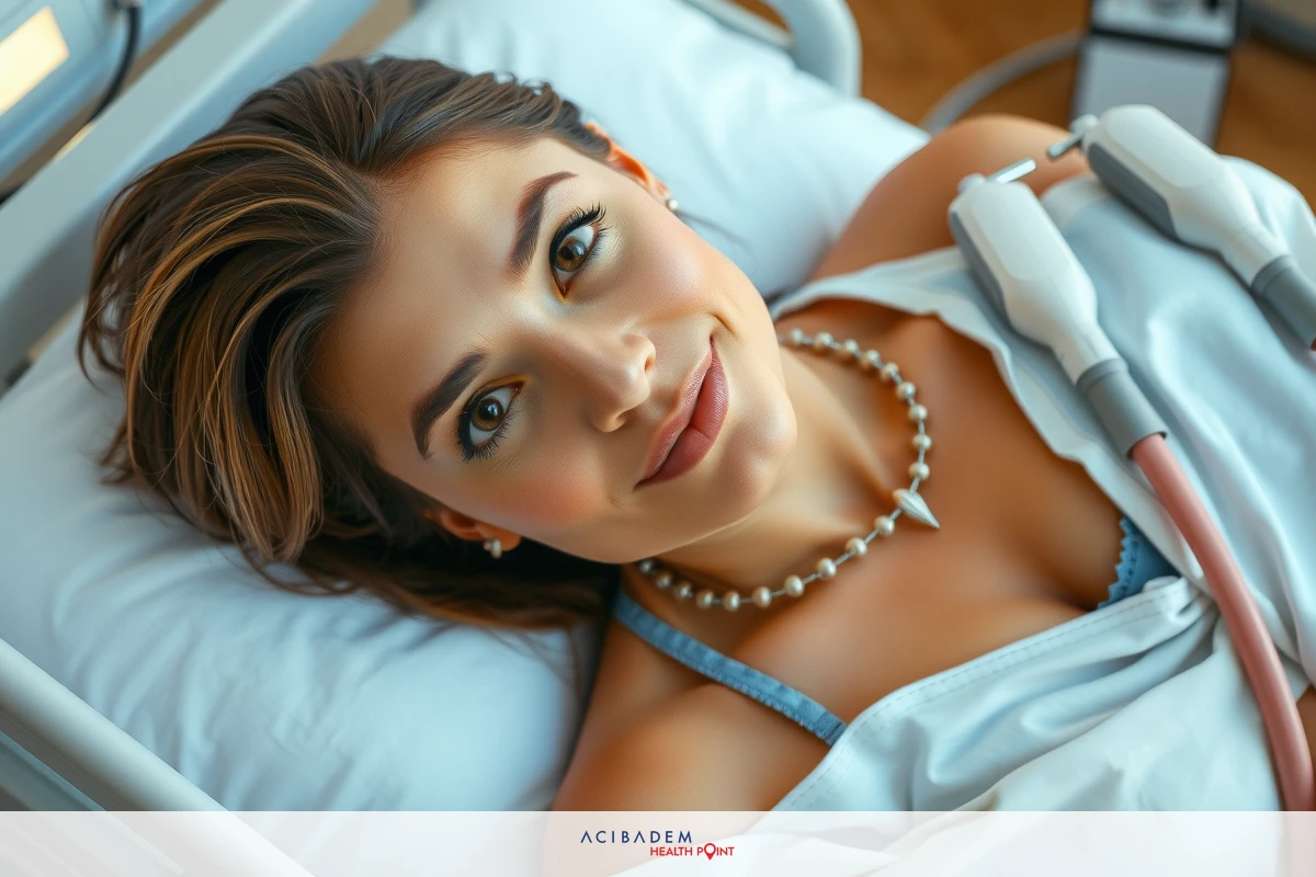 A woman in a hospital bed smiling at the camera, wearing makeup and a necklace. Her hair is styled and she has light skin and dark brown eyes.