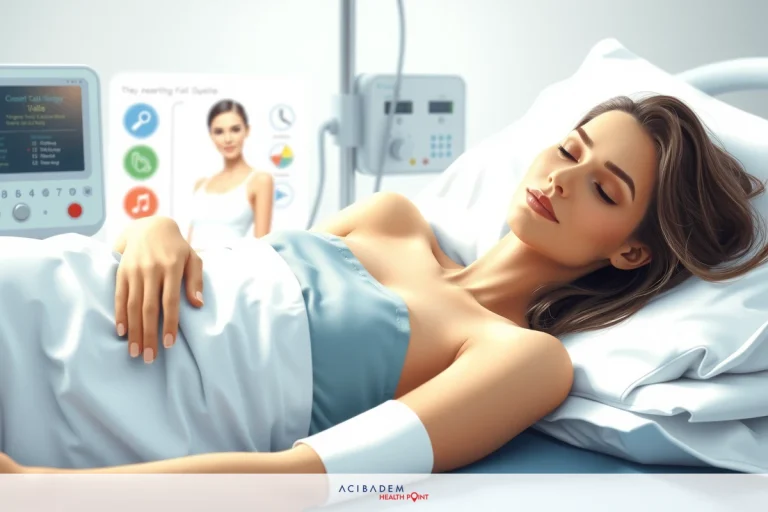 BBL Surgery Side Effects The image depicts a modern medical scene with a woman lying in a hospital bed. She is wearing a patient gown and has various medical devices around her, such as an IV drip and monitoring equipment. A digital readout is visible on one of the devices, showing heart rate data. There's a window in the background suggesting natural light coming into the room. The overall atmosphere appears to be clinical and sterile.