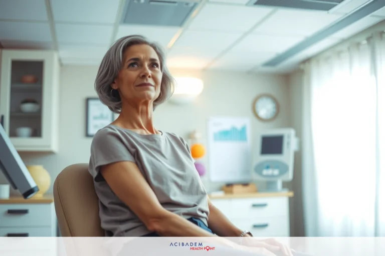 An older woman seated in a medical office, waiting for her appointment. She is wearing a grey top and has a thoughtful expression on her face.