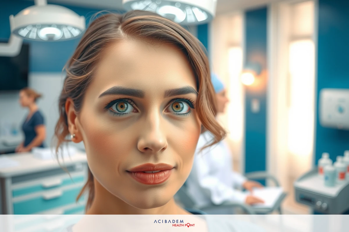 A young woman with a surprised look on her face is inside a medical office. The room has blue walls and white cabinets, suggesting cleanliness and professionalism.