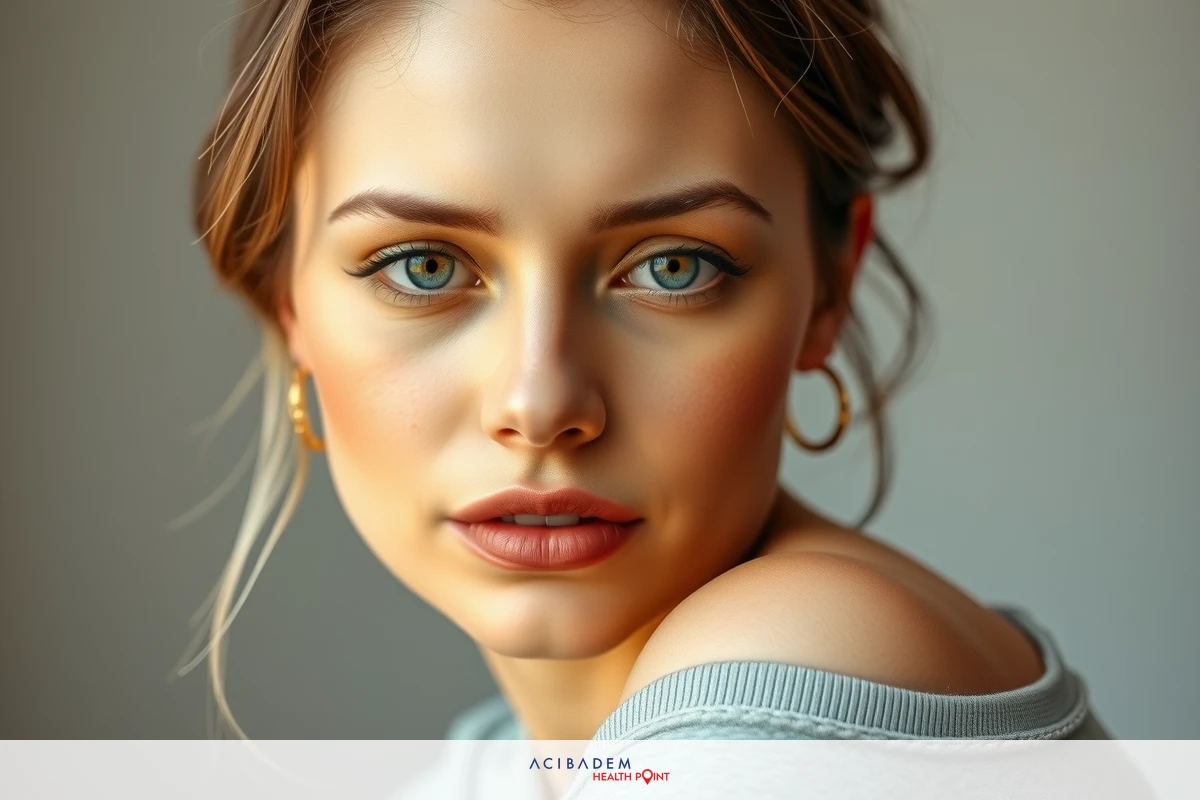 The image features a woman with natural makeup looking to her side. Her hair is styled in loose waves, and she wears subtle earrings. She is dressed in a grey long-sleeved top with the sleeves rolled up, revealing her elbow.