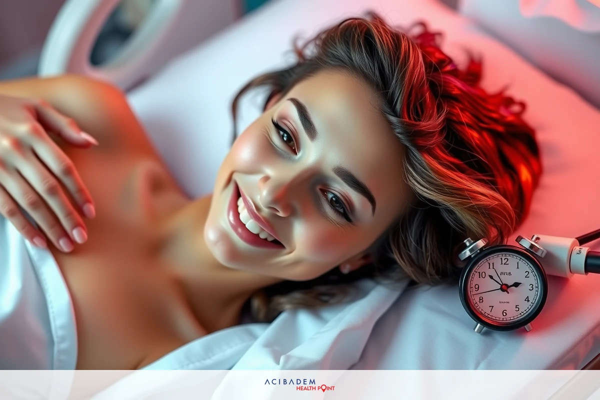 The image shows a woman lying in a hospital bed with her head resting on a pillow. She appears to be smiling and looking at the camera, possibly receiving care or being checked on by medical staff.