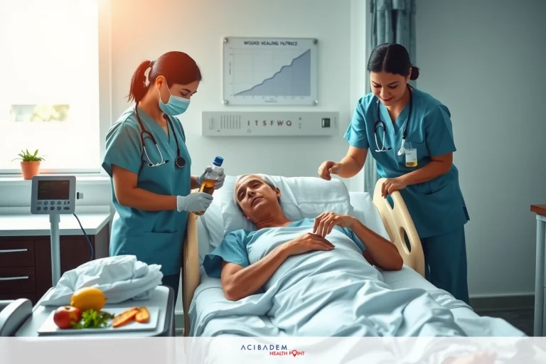 This image portrays a hospital setting. Two female medical professionals, wearing surgical attire and face masks, are providing care to an elderly male patient who is lying in a hospital bed. The room has medical equipment and supplies visible on the walls, indicating it's a functional healthcare facility.