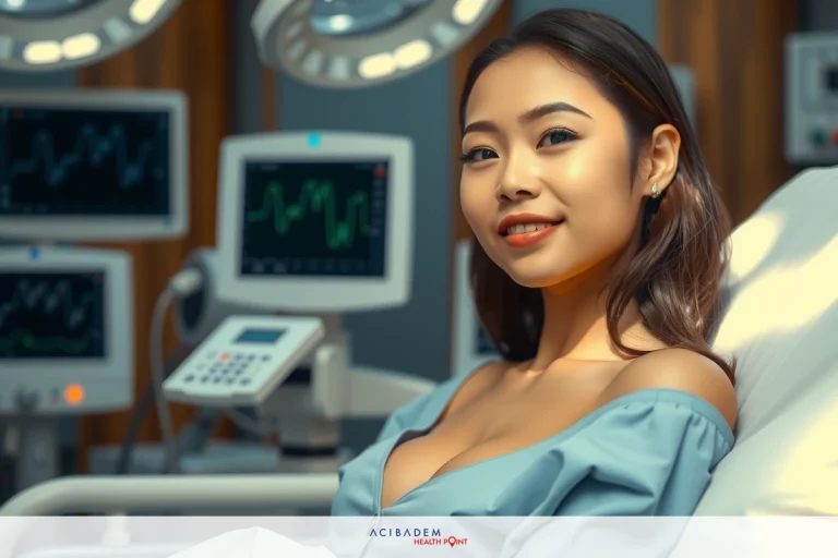The image depicts a woman sitting on a hospital bed with medical equipment around her. She is wearing a blue medical gown and has a smile on her face, seemingly in good spirits despite being in the hospital.