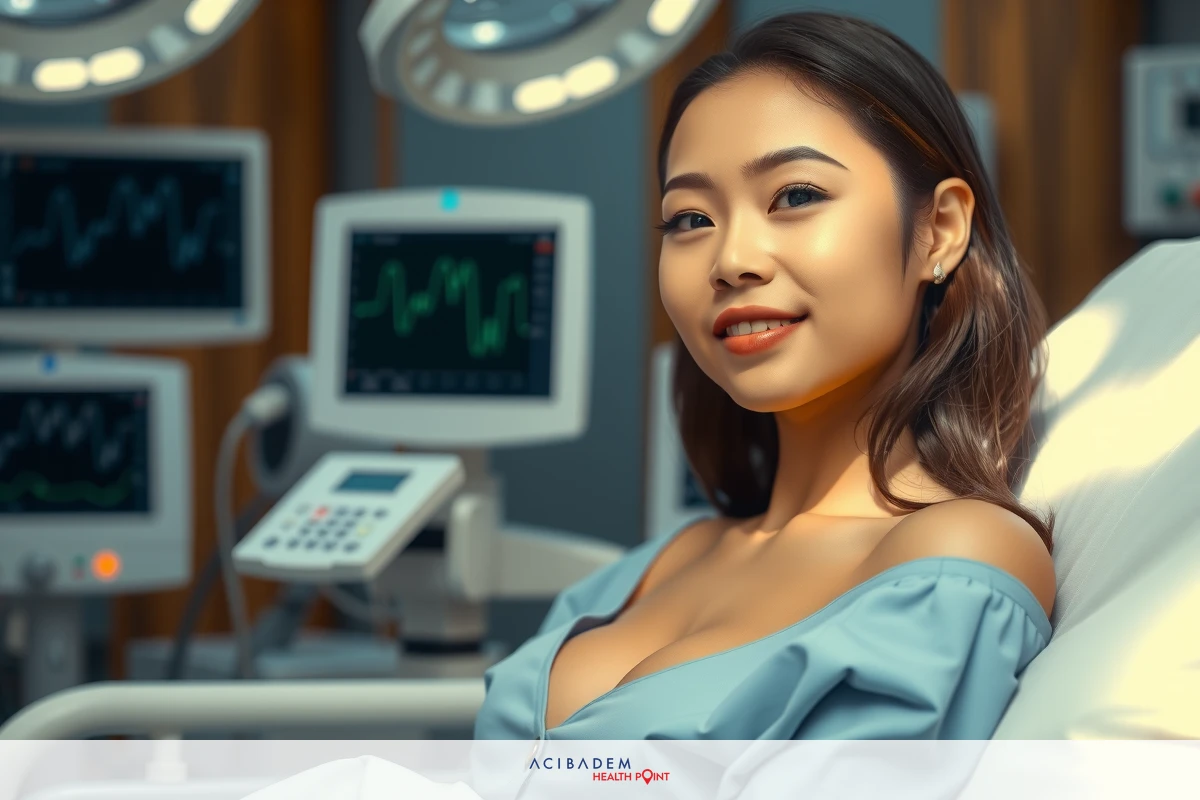The image depicts a woman sitting on a hospital bed with medical equipment around her. She is wearing a blue medical gown and has a smile on her face, seemingly in good spirits despite being in the hospital.