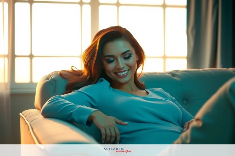Woman is sitting on a couch, smiling. She's wearing a light blue top. The setting appears to be indoors with natural light coming through the windows.