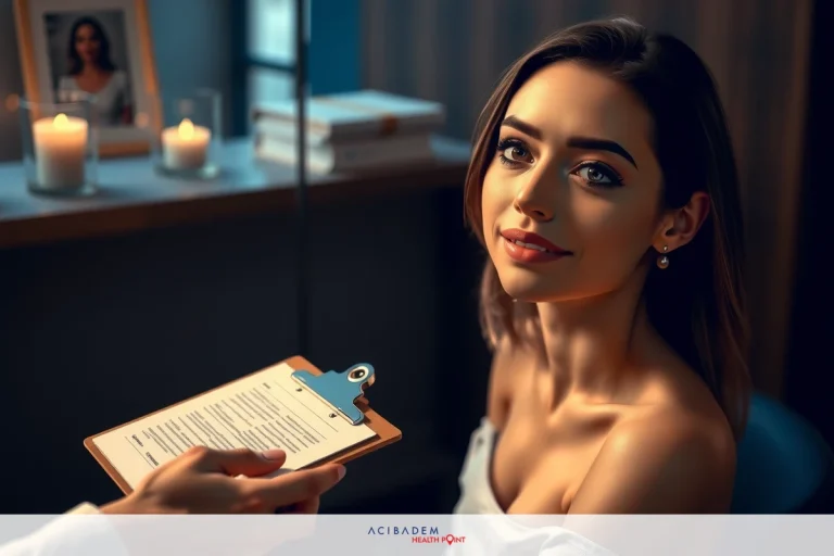 The image depicts a woman seated in what appears to be a clinical or medical setting. She is looking up at the camera, smiling gently. A clipboard with papers on it is held out by someone, suggesting an appointment or interview. The room has a professional ambiance with soft lighting and minimal decor.