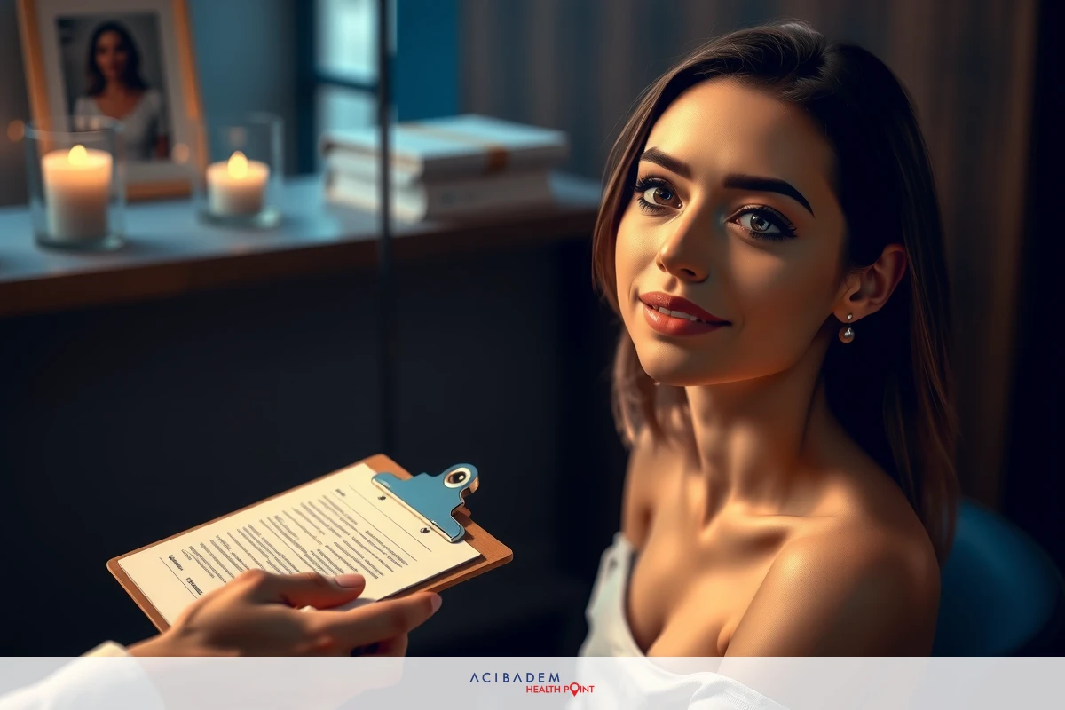 The image depicts a woman seated in what appears to be a clinical or medical setting. She is looking up at the camera, smiling gently. A clipboard with papers on it is held out by someone, suggesting an appointment or interview. The room has a professional ambiance with soft lighting and minimal decor.