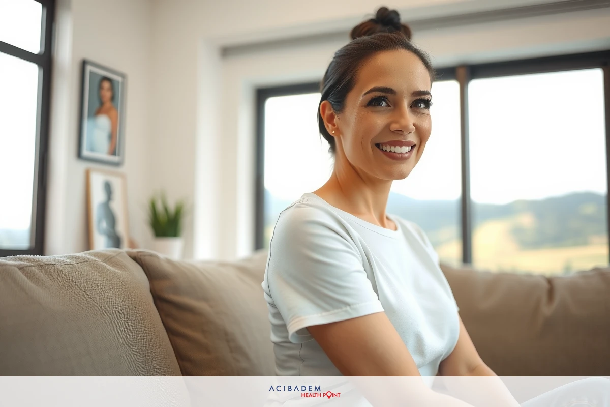 The image features a woman sitting on a couch with a relaxed posture. She has a broad smile and is looking towards the camera, exuding warmth and approachability. The room around her appears to be modern and well-lit, suggesting an inviting atmosphere. Her outfit consists of a white top which adds to the overall pleasant and comfortable ambiance.