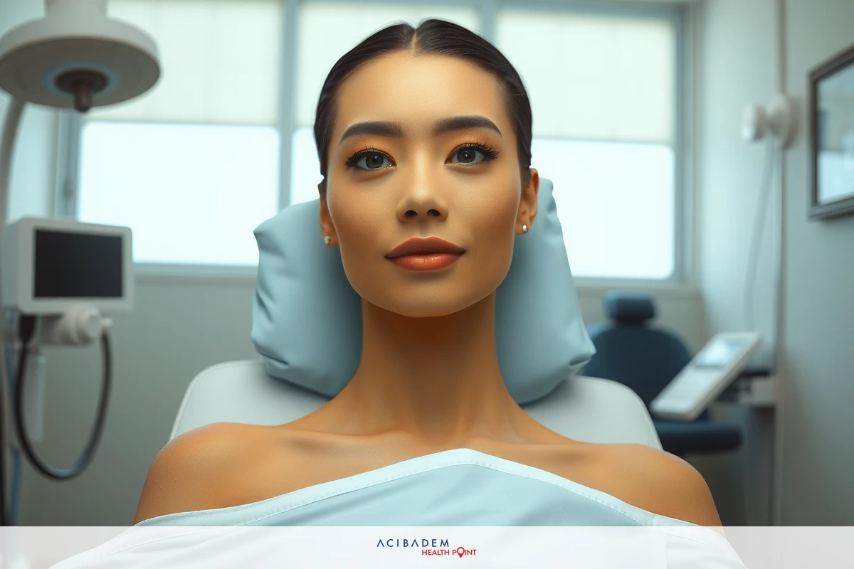 The image features a woman lying on a medical examination table, facing the camera. She appears to be in a doctor's office setting, with visible medical equipment such as an otoscope and blood pressure cuff. The environment suggests a healthcare or medical context.