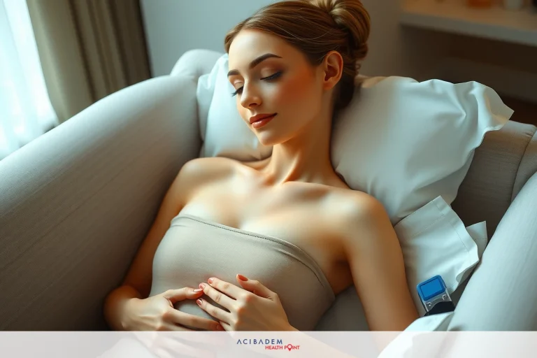 The image shows a woman lying down on her side with her head turned and eyes closed, appearing to be resting or sleeping. She is wearing what seems to be a light brown bra top, which suggests a casual, relaxed environment. The setting appears to be an indoor room with neutral tones and soft lighting, providing a peaceful ambiance.