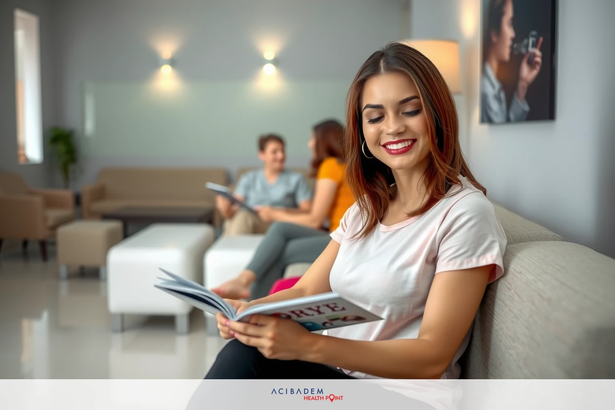 The image shows a young woman comfortably seated in a modern living room, reading a book. She has a bright smile on her face, indicating she is enjoying the content of the book. The room appears to be well-lit with soft lighting, contributing to a relaxed atmosphere. In the background, there are other people present, suggesting a social setting or gathering in the room.