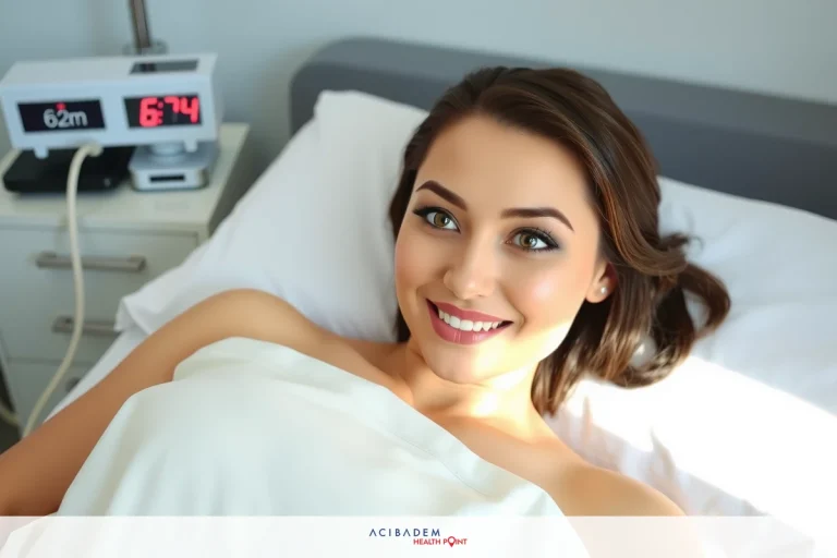 A woman in a white gown lying in a hospital bed with medical monitoring equipment beside her. The room is lit with soft lighting and appears to be calm and serene.