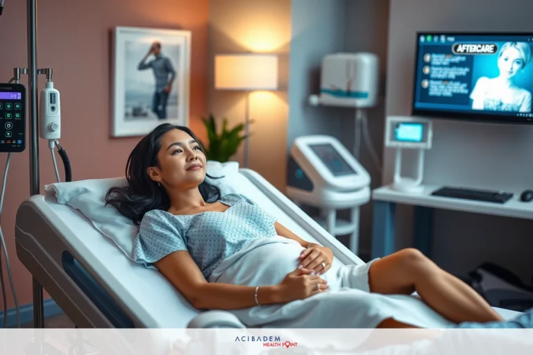 A woman is lying on a hospital bed. She is wearing a gown and has a smile on her face. The room has medical equipment, and a television screen displaying images from the hospital's cameras.