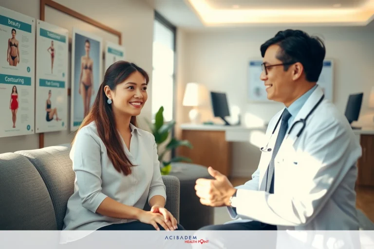 In a well-lit medical office, a male doctor in a white coat sits on the right side of a patient. The female patient sitting across from him is wearing a white shirt and smiling at the doctor. They are both chatting to indicate a positive interaction or medical diagnosis from the doctor.
