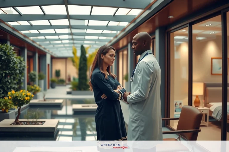 BBL Surgery Cost in India A man and a woman, are engaged in conversation within an office environment. The man is wearing a white lab coat, suggesting he might be a doctor or medical professional. They are standing near what appears to be a reception area with modern furnishings and greenery adding a touch of nature. Their attire and the setting suggest this could be a workplace discussion related to their roles.