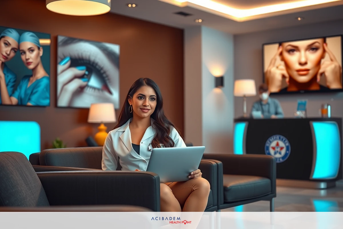 The image shows a modern, well-lit office environment. A woman is seated at a desk, engaged with her laptop. She appears focused on the screen. The office has a contemporary design with clean lines and minimal decor. There are multiple framed pictures of eyes on the wall, suggesting a theme related to vision or beauty, which aligns with the content being displayed on a large screen television mounted on the wall in front of her desk.