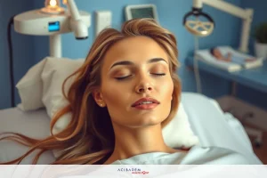 A woman in a hospital bed, eyes closed, and face relaxed, with the atmosphere suggesting a tranquil, medical environment.