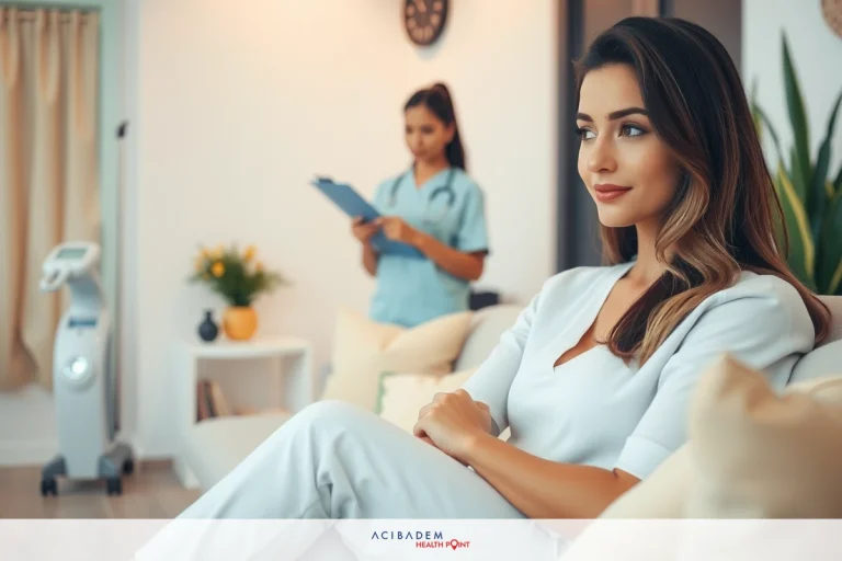 An image depicting a woman in scrubs sitting on a white couch, leaning back with her hands clasped in her lap. To the right stands another woman dressed as a nurse, holding paperwork and wearing a stethoscope around her neck. The room is modern and well-lit, with neutral tones and tasteful decor.