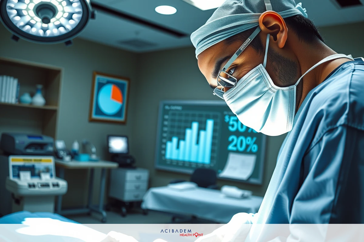Surgeon in medical operating room with advanced technology monitoring patient's health data. Focus on the surgeon and his interaction with screens and monitors that provide real-time information.