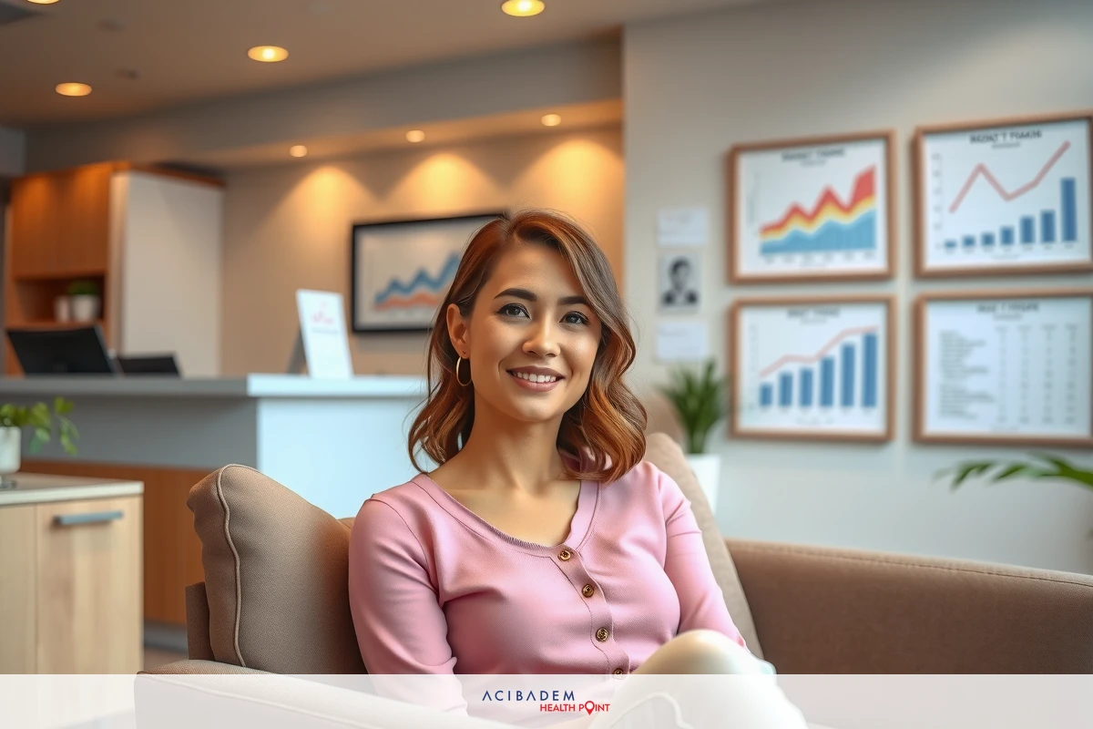 The image shows a woman seated in an office environment. She is wearing a pink blazer and appears to be engaged in conversation or possibly being interviewed for a job position. The surroundings suggest a professional setting with charts on the wall, indicating performance metrics. The lighting is even, enhancing visibility of the subject without harsh shadows.