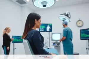 The image depicts a medical setting with several individuals. At the center, there is a patient seated on an examination table, surrounded by medical personnel. The environment appears to be well-equipped for medical procedures with various screens and equipment in view.