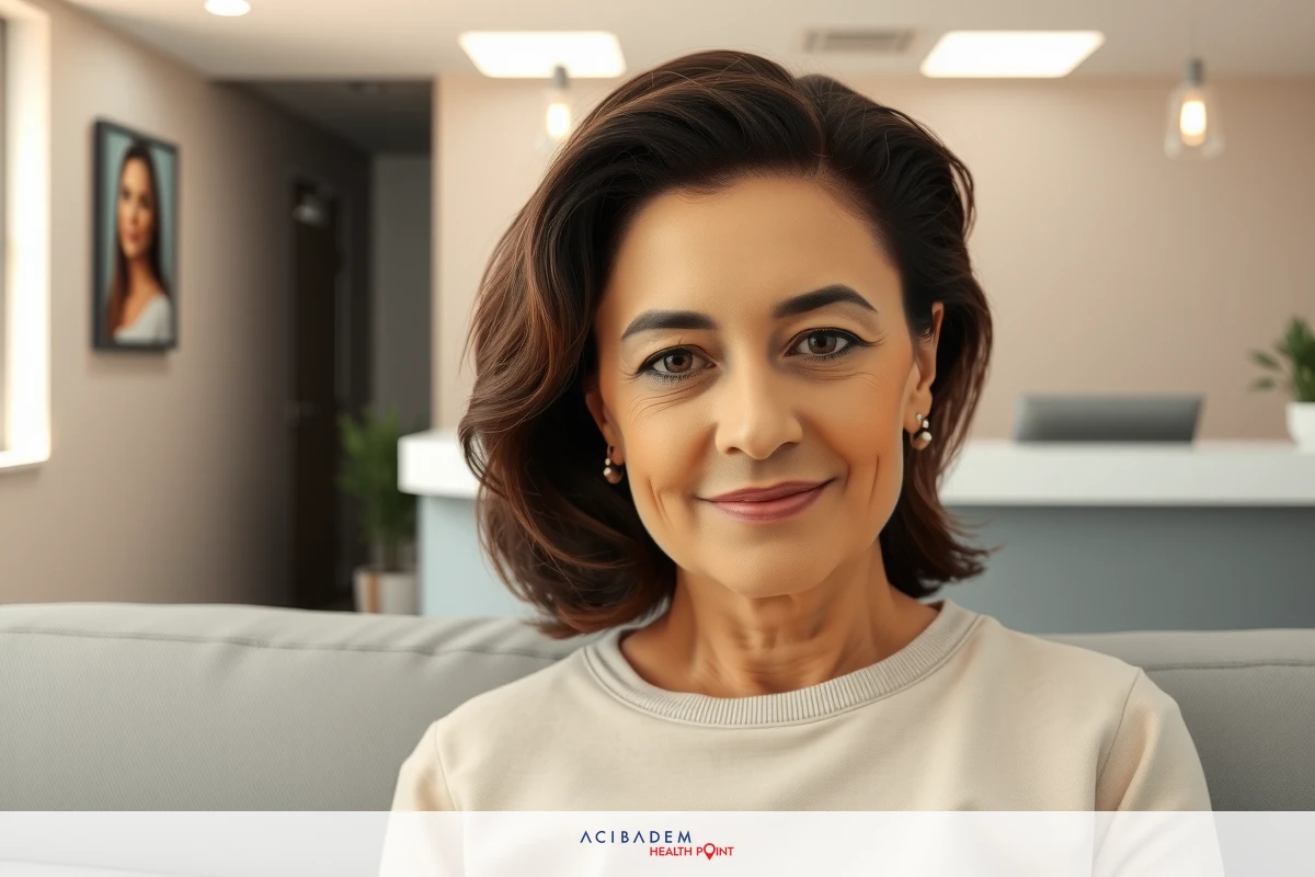 A woman in a professional setting, sitting on a couch, smiling and looking directly at the camera. She has medium length hair and a light colored bob.