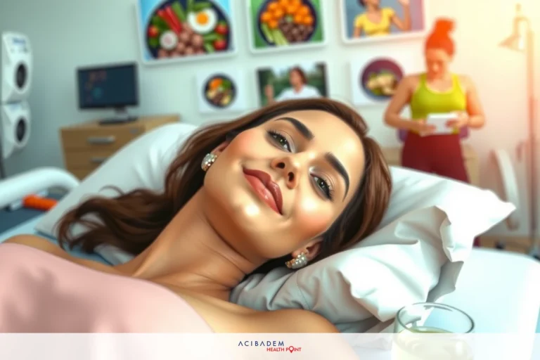 The image features a woman lying in a hospital bed with a cheerful expression, suggesting she is well. There are various food items and images on the wall that indicate healthy eating habits. The overall mood of the image is positive and lighthearted.