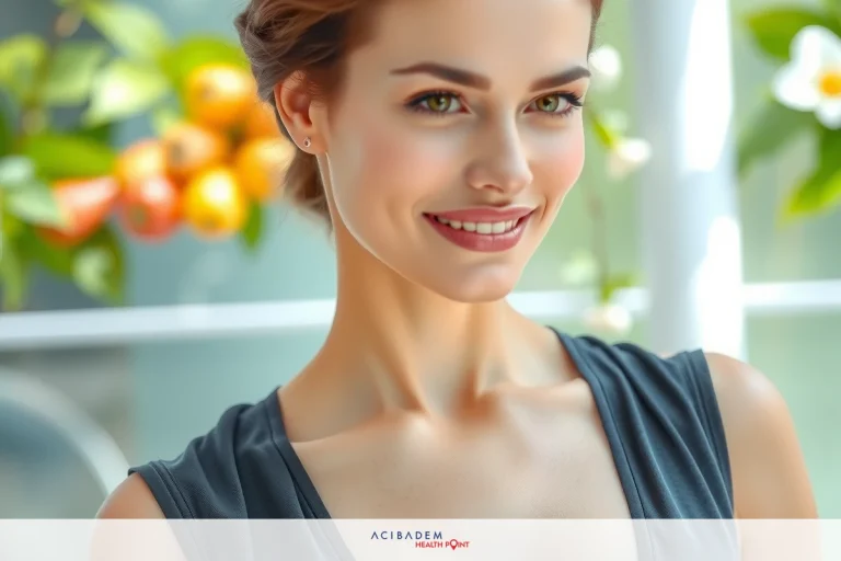 The image features a smiling woman with a friendly and welcoming expression. She is wearing a dark top and has her hair styled in an elegant updo. The background is blurred, suggesting an outdoor setting, possibly a garden or patio, but the details are indistinct. There are plants visible, indicating a natural, serene environment. The colors in the image are warm with a focus on earthy tones and pastel hues. This scene could be related to lifestyle, beauty, fashion, or personal well-being content.