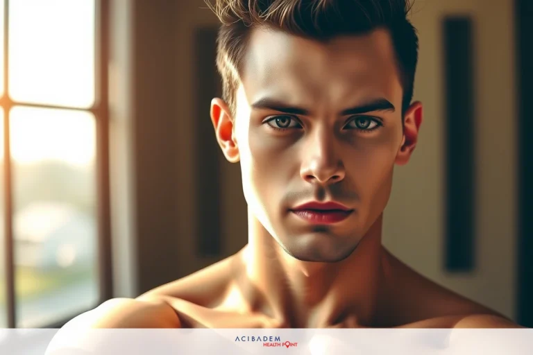 The image features a young man with muscular build, captured in profile. He has short dark hair and is looking directly at the camera with a neutral expression.