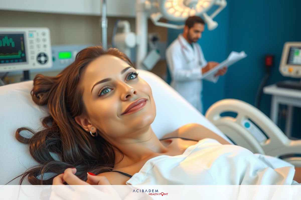 In a medical setting, a woman lies on a hospital bed. She wears a white gown and seems to be in a relaxed position, possibly awaiting or receiving care.